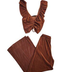 Zara Polka Dot Top Long Pants Set Size Medium Burnt Orange Ruffled Short Sleeve